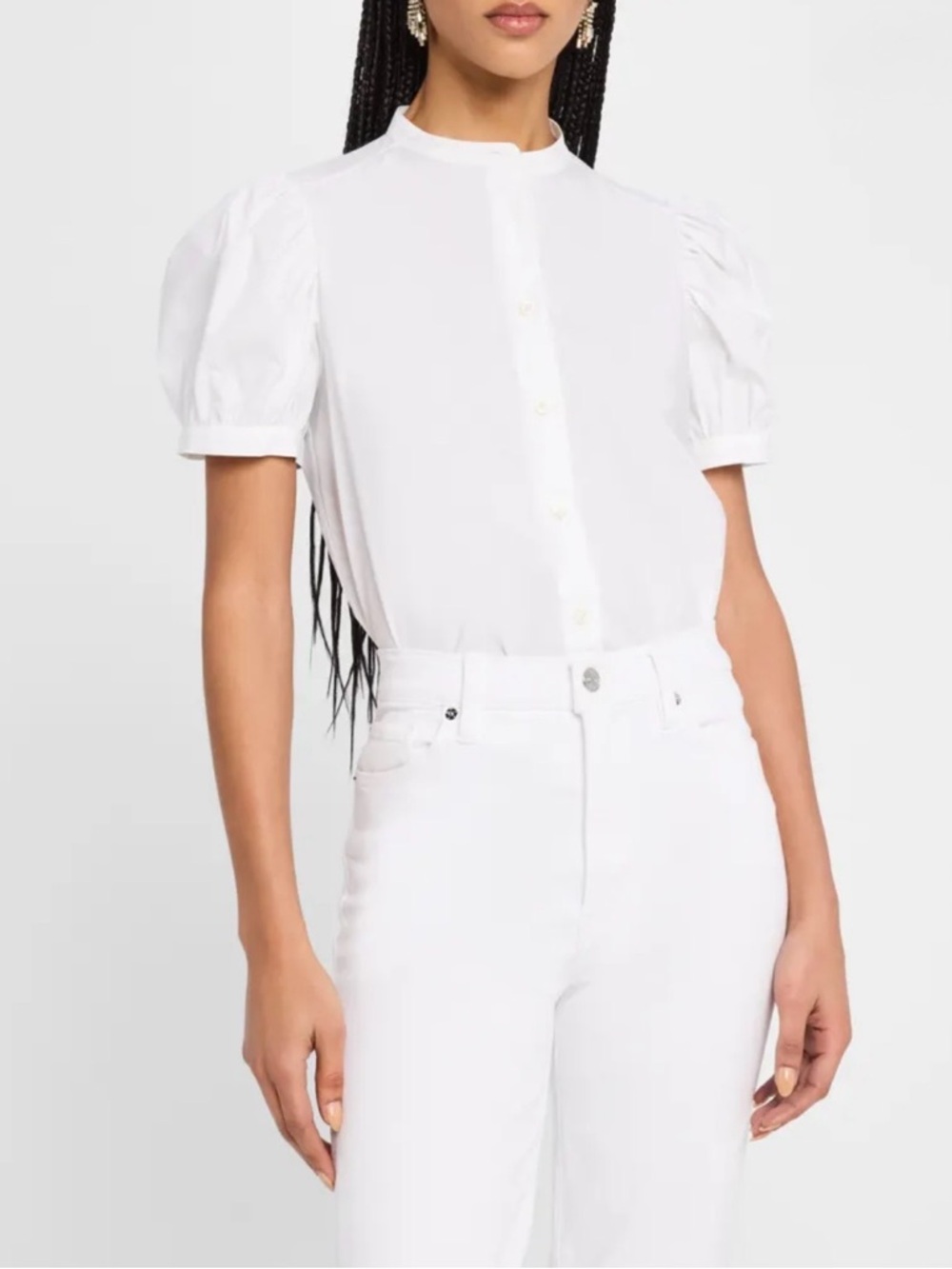 Frame The Gathered White Puff Short Sleeve Button Front Blouse size M